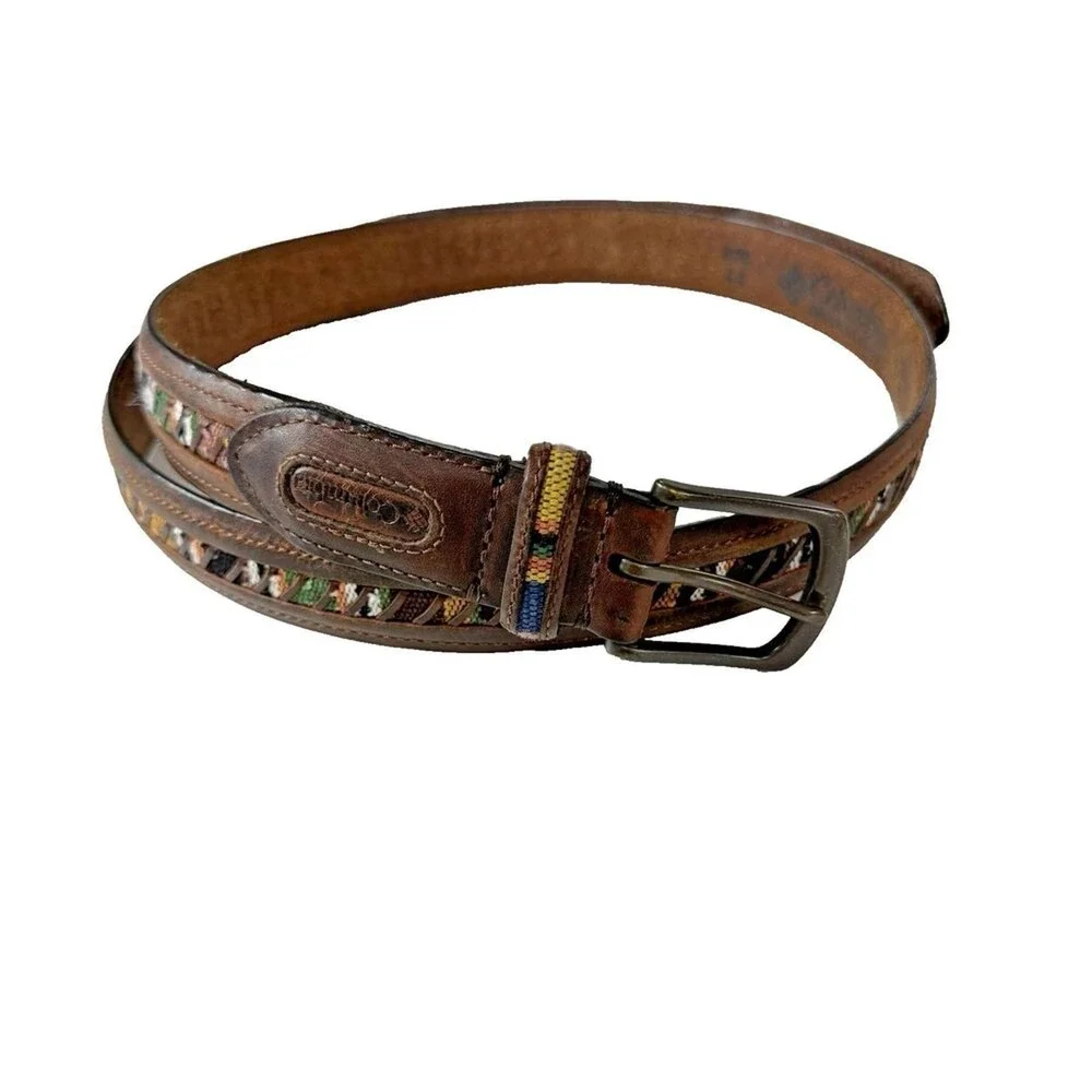 Columbia Vintage‎ Brown Leather Belt with Guatemalan Fabric Inlay Size 44